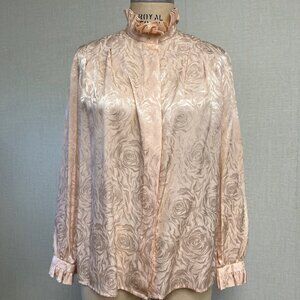 EUC Vintage 1980s 80s High Collar Ruffle Rose Print Adrian Avery Pink Blouse XL
